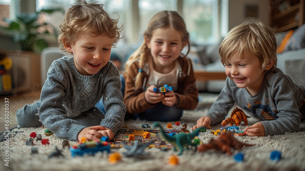 Children Play Board Game With Dinosaur Toys In Living Room Children Play Board Game With Dinosaur Toys In Living Room