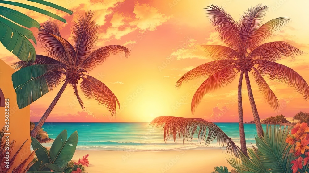 Vibrant tropical colors and textures are combined with vintage charm in this artistic summer collage with palm trees and beach scenes in sunset tones. Vibrant tropical colors and textures are combined with vintage charm in this artistic summer collage with palm trees and beach scenes in sunset tones.