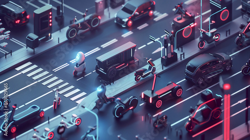 Future mobility concept with electric scooters and bicycles sharing system.