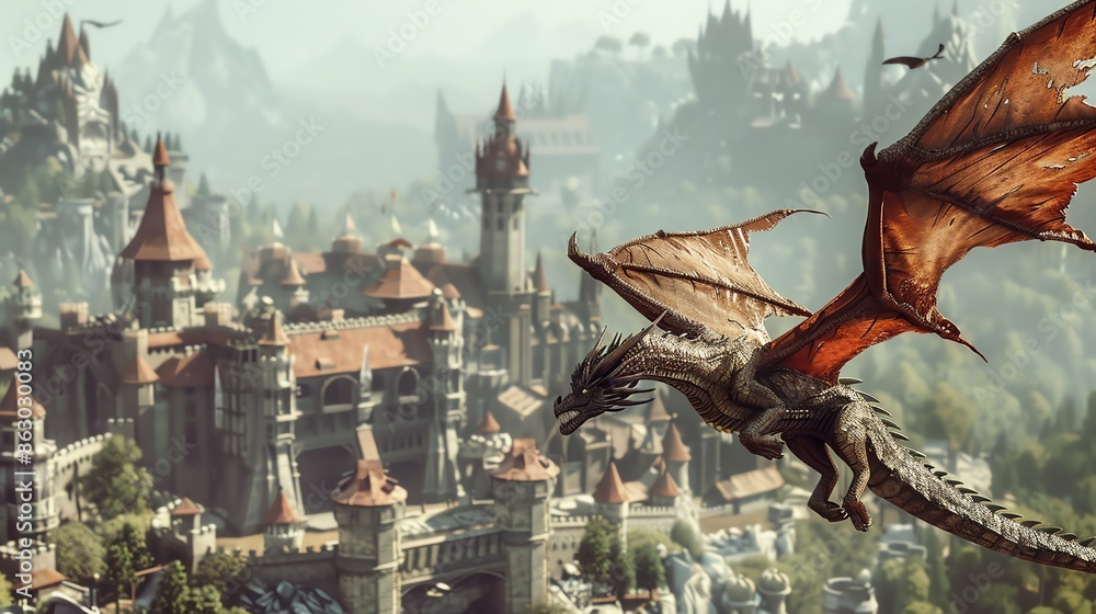 Majestic dragon soars over a medieval city with towering castles and ...