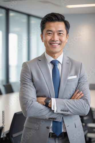Young asian businessman in grey suit with blue tie stands confidently with arms crossed showcasing professional demeanor in modern office setting