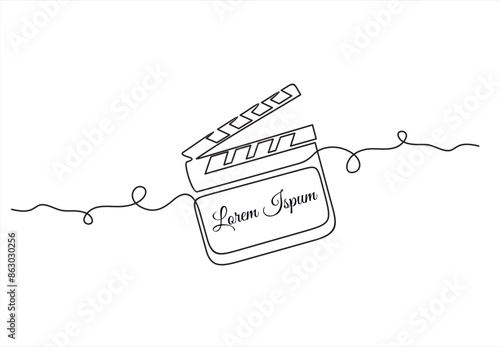 One continuous line drawing of clapper board. Action movie scene and retro video production concept in simple linear style.