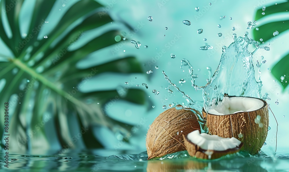 Coconut Water Splashing from Fresh Green Coconut Against Pastel Blue Background with Vibrant Tropical Leaves Coconut Water Splashing from Fresh Green Coconut Against Pastel Blue Background with Vibrant Tropical Leaves