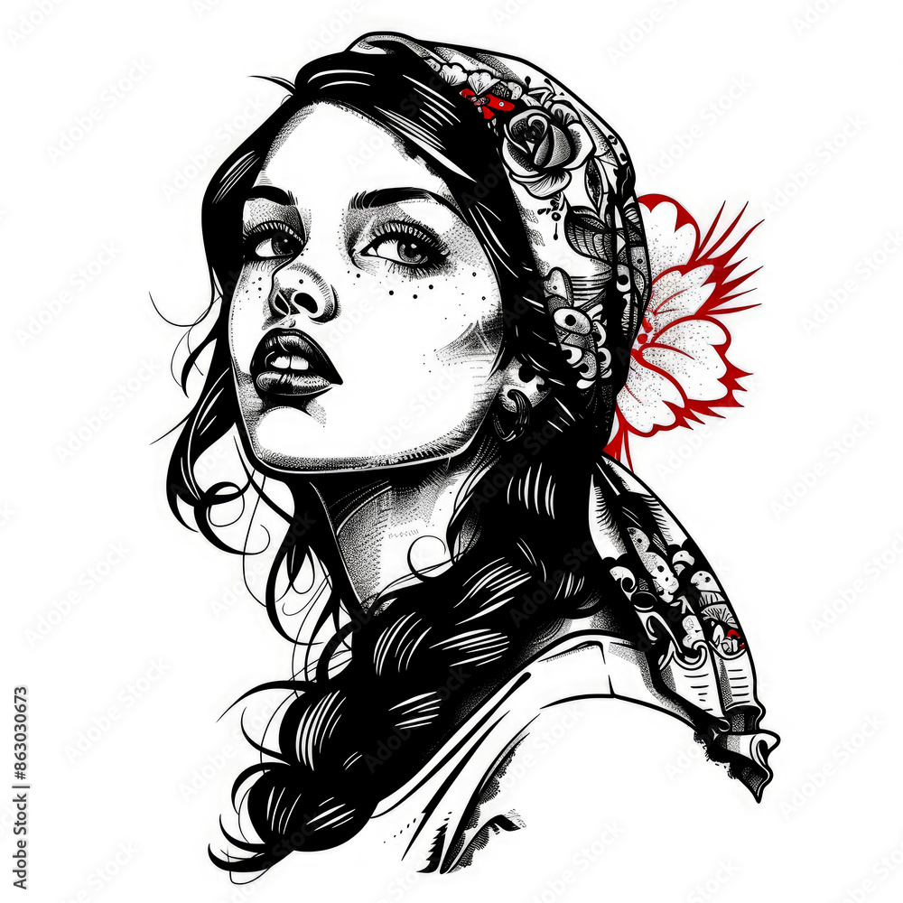 Fototapeta premium Black and white portrait of a woman with long hair tattoo sketch isolated on white background
