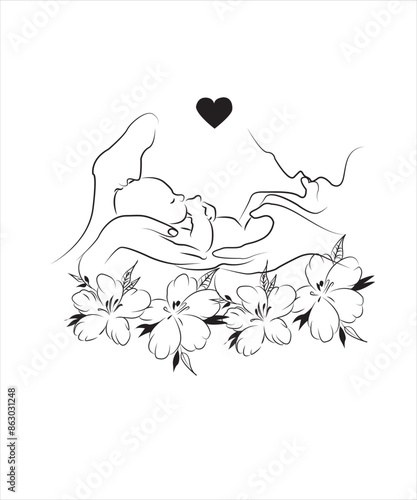 Handdrawn line art style mom and baby illustration art.