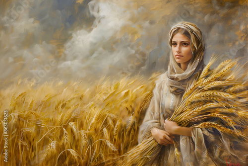 Artistic painting of Ruth, holding sheaves of wheat, symbolizes humility and hard work
