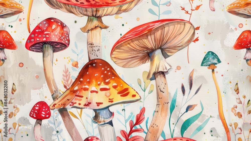 Modern Mushrooms Watercolor, Botanical Illustation, simple style Modern Mushrooms Watercolor, Botanical Illustation, simple style