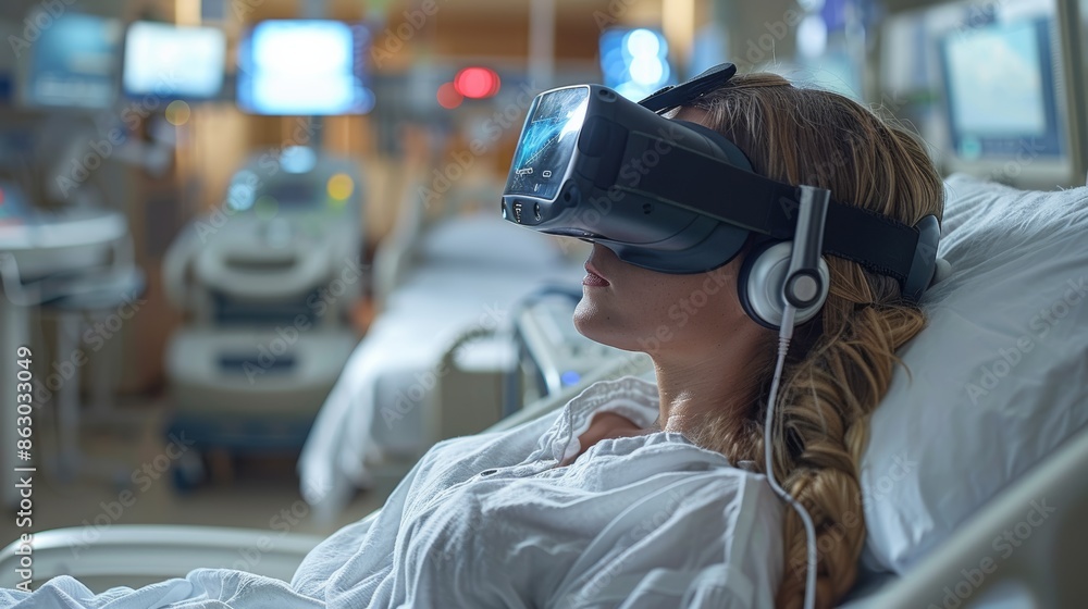 A patient using a virtual reality headset to undergo therapy for anxiety or pain management. A patient using a virtual reality headset to undergo therapy for anxiety or pain management.