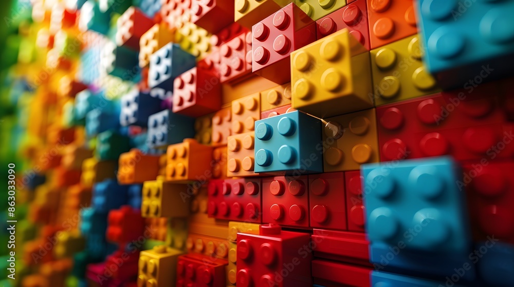 Naklejka premium Vibrant Wall of Interlocking Colorful Building Blocks