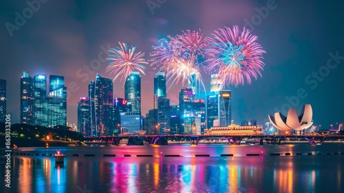 Dazzling array of fireworks over Singapores skyline during National Day isolated on gradient sky background with room for text