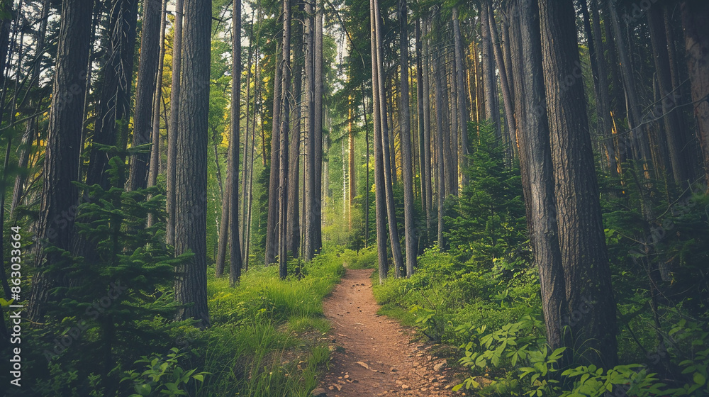 Obraz premium Peaceful forest trail surrounded by towering pine trees.