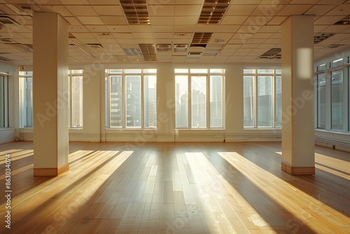 Sunlit Empty Office Space with Wooden Flooring and Large Windows © Valentin