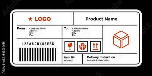 Cargo delivery sticker vector. Shipment label template. Delivery mockup. Fragile, handle icon. Information about company recipient. Vector illustration