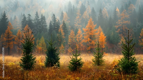 Misty Autumn Forest with Young Evergreen Trees