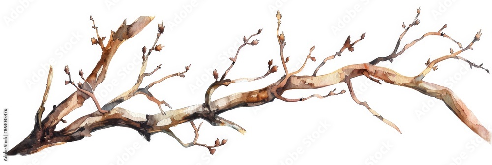 Branch Watercolor. Hand Drawn Tree Stick Element in Botanical Illustration Branch Watercolor. Hand Drawn Tree Stick Element in Botanical Illustration