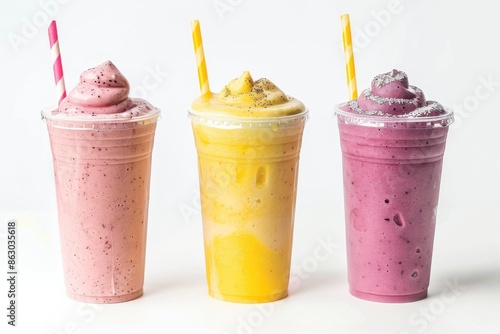 Smoothies: Three Fruity Blended Drinks on White Background