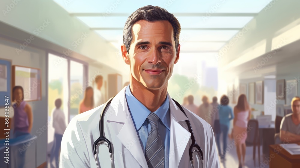 A smiling male doctor with a stethoscope around his neck stands confidently in a bustling hospital corridor, ready to assist patients. A smiling male doctor with a stethoscope around his neck stands confidently in a bustling hospital corridor, ready to assist patients.