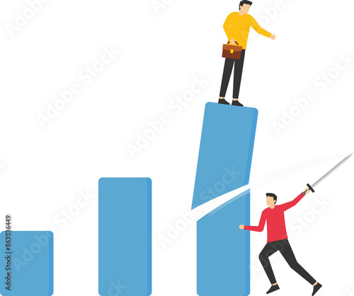 Businessman cutting down bar graph with another businessman on top. Business competition concept.


