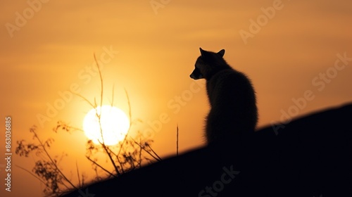 Silhouette of raccoon on sunset sky.