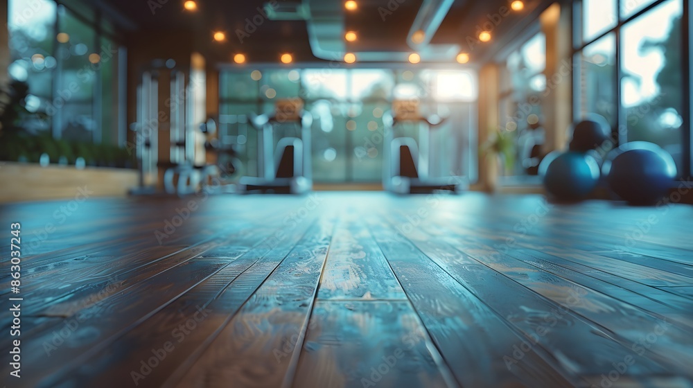 Modern Gym Interior with Wooden Flooring and Exercise Equipment Modern Gym Interior with Wooden Flooring and Exercise Equipment