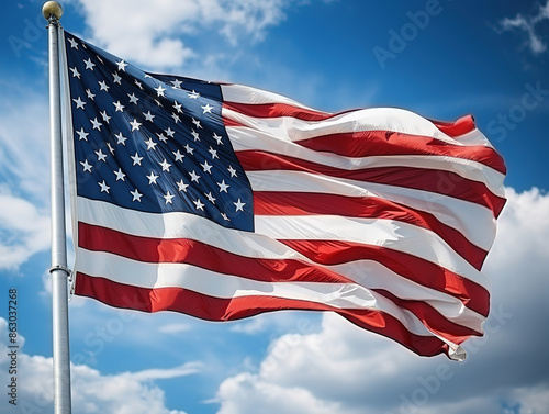 Wonderful The national flag of the United states on blue sky with clouds
