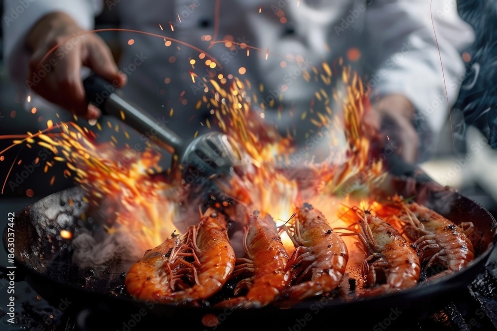 Fototapeta premium Chef cooking with Tiger prawn on dark background