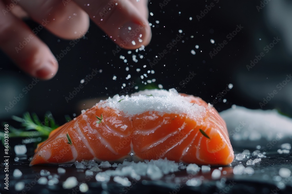 Chef seasoning salmon steak with sea salt. Gourmet seafood dish. Chef seasoning salmon steak with sea salt. Gourmet seafood dish.
