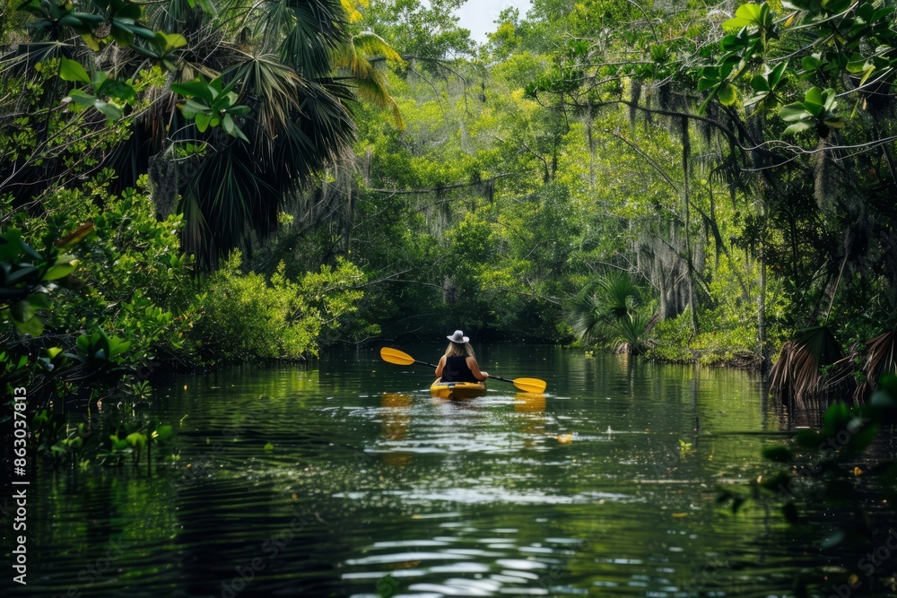 A kayaker navigates through a serene Everglades waterway surrounded by lush greenery honoring the US National Park Service Birthday in August A kayaker navigates through a serene Everglades waterway surrounded by lush greenery honoring the US National Park Service Birthday in August