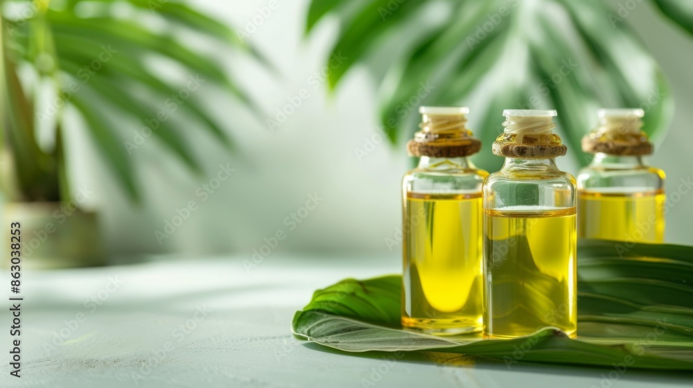 Plantain oil bottles with plantain leaves homeopathic and herbal remedy, with copy space Plantain oil bottles with plantain leaves homeopathic and herbal remedy, with copy space