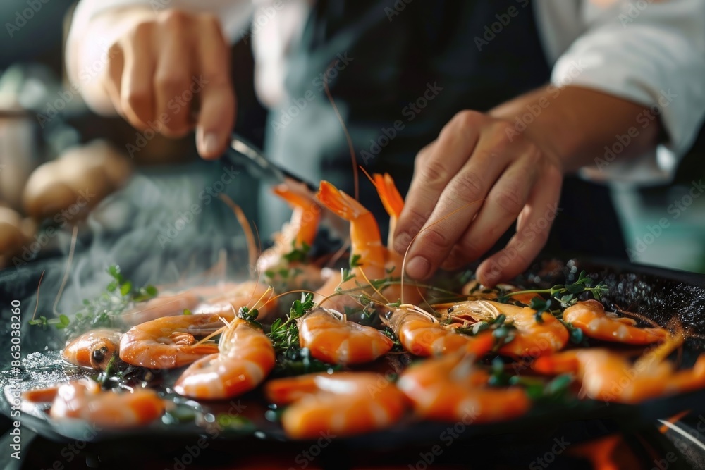 Chef cooks shrimp and greens healthy vegetarian dish on dark background. Chef cooks shrimp and greens healthy vegetarian dish on dark background.