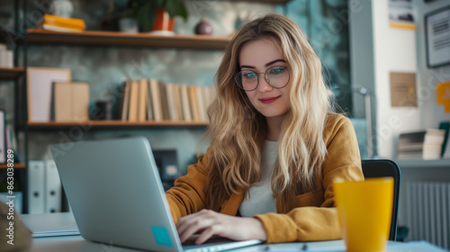 Uma jovem loira atraente trabalhando em um laptop em uma mesa em um escritório doméstico com prateleiras, documentos e um copo amarelo visíveis no fundo.