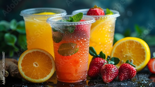 Wallpaper Mural Refreshing Citrus and Berry Infused Drinks in Plastic Cups Torontodigital.ca