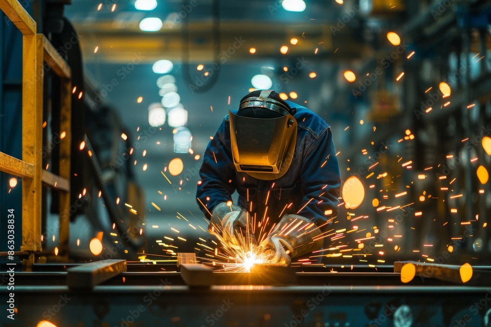 Industrial Welder Working with Protective Gear and Bright Sparks in a Dynamic Factory Setting Industrial Welder Working with Protective Gear and Bright Sparks in a Dynamic Factory Setting