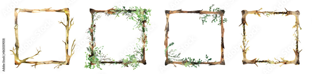 Set collection of frame border floral tree branches form square shape. Rustic arch hand drawn watercolor design resources elements Set collection of frame border floral tree branches form square shape. Rustic arch hand drawn watercolor design resources elements