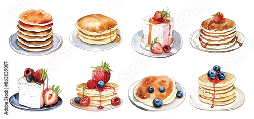 Set collection of hand drawn watercolor pancakes,fresh berries, syrup, butter, breakfast design resources elements isolated on white background