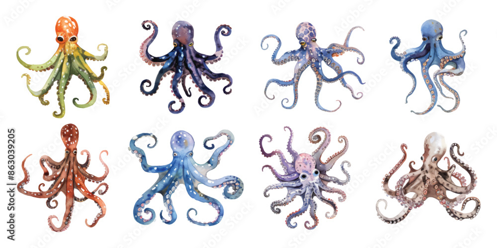 Set of watercolor hand drawn of various octopus in different color design resources elements isolated on white background Set of watercolor hand drawn of various octopus in different color design resources elements isolated on white background