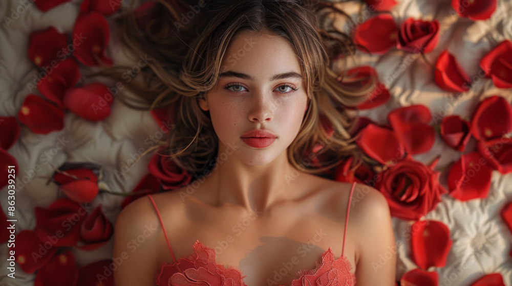 Valentine's Day. Loving girl. The girl in a red dress lying on the floor in the petals of red roses. Background of red rose petals. Red lipstick on the lips from the beautiful girl Valentine's Day. Loving girl. The girl in a red dress lying on the floor in the petals of red roses. Background of red rose petals. Red lipstick on the lips from the beautiful girl