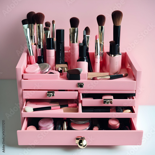 A pink box with makeup brushes in it