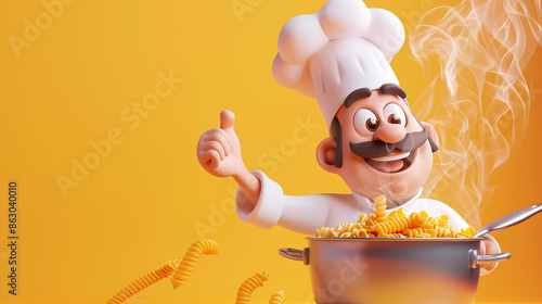 3d Cartoon chef with steaming pot of pasta