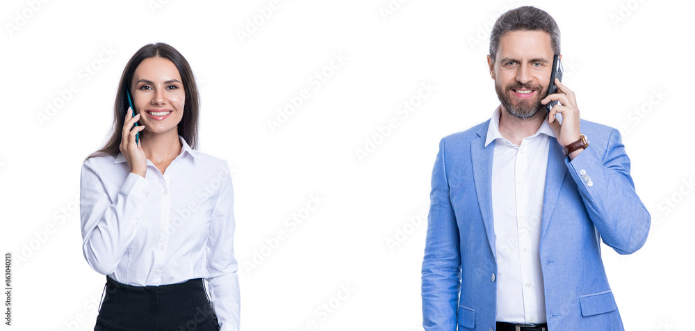 Businesspeople using phone for conversation. Business communication in office. Business negotiation call. Phone call to colleague. Businesspeople talking on phone isolated on white. Copy space Businesspeople using phone for conversation. Business communication in office. Business negotiation call. Phone call to colleague. Businesspeople talking on phone isolated on white. Copy space