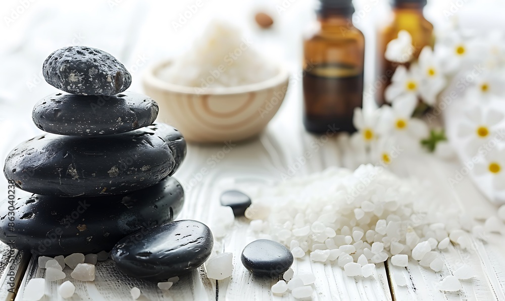 Spa Essentials Massage Stones, Essential Oils, and Sea Salt Artfully Arranged on White Wooden Table for Tranquil Vibes Spa Essentials Massage Stones, Essential Oils, and Sea Salt Artfully Arranged on White Wooden Table for Tranquil Vibes