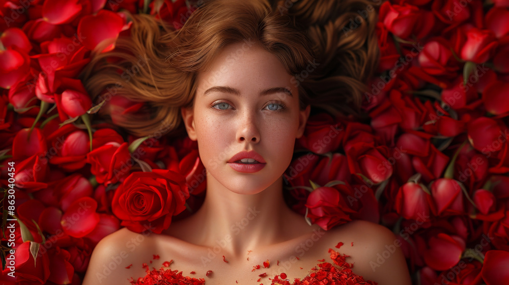 Valentine's Day. Loving girl. The girl in a red dress lying on the floor in the petals of red roses. Background of red rose petals. Red lipstick on the lips from the beautiful girl Valentine's Day. Loving girl. The girl in a red dress lying on the floor in the petals of red roses. Background of red rose petals. Red lipstick on the lips from the beautiful girl