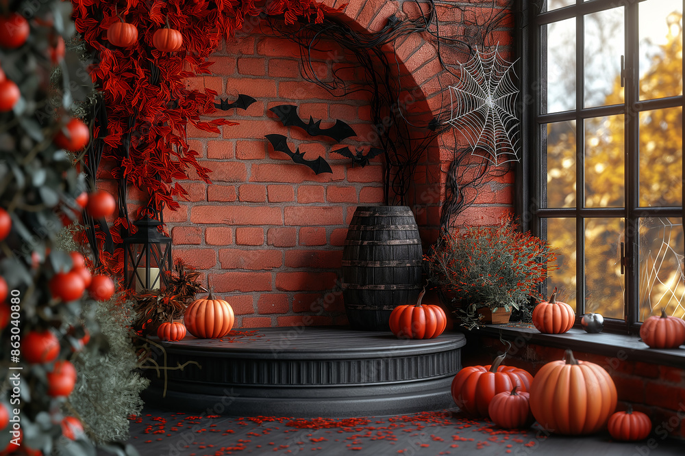 Naklejka premium Realistic 3D background of podium with pedestal for halloween and black friday, clean wall scene for sales. Minimalist mock-up or product display presentation, scenic showcase.