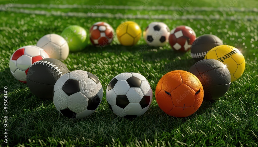 All sports balls arranged in a circle on a stadium turf, 3D render, photorealistic details All sports balls arranged in a circle on a stadium turf, 3D render, photorealistic details
