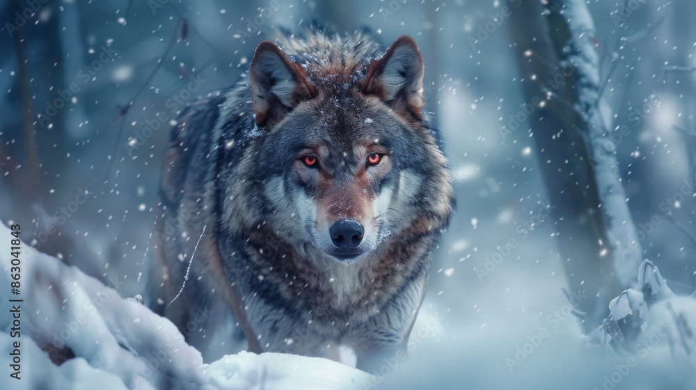 portrait of an intense redeyed canis lupus wolf in the snowy wilderness, displaying its powerful and enigmatic gaze portrait of an intense redeyed canis lupus wolf in the snowy wilderness, displaying its powerful and enigmatic gaze