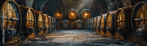 Rows of Wooden Wine Barrels in a Dimly Lit Cellar