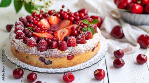 Wallpaper Mural Round cake decorated with fresh summer fruits powdered with sugar, freshly baked homemade pastry topped with strawberries, Torontodigital.ca