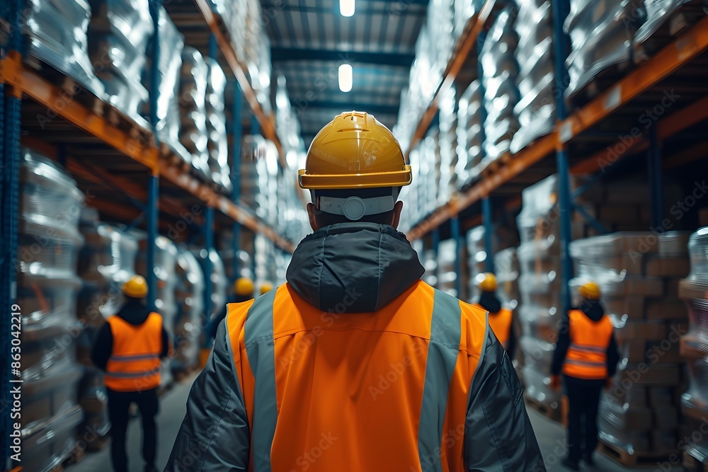 Workers in High-Visibility Vests and Hard Hats in a Warehouse Aisle Workers in High-Visibility Vests and Hard Hats in a Warehouse Aisle