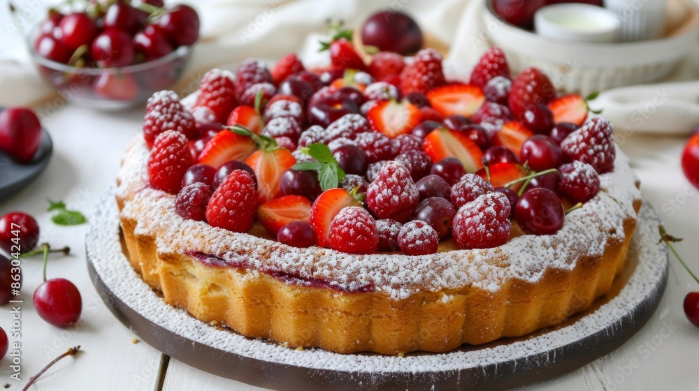 Round cake decorated with fresh summer fruits powdered with sugar, freshly baked homemade pastry topped with strawberries, Round cake decorated with fresh summer fruits powdered with sugar, freshly baked homemade pastry topped with strawberries,