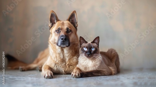 dog and cat sitting together, both looking at the camera with calm and friendly faces. ai generated © Andrei